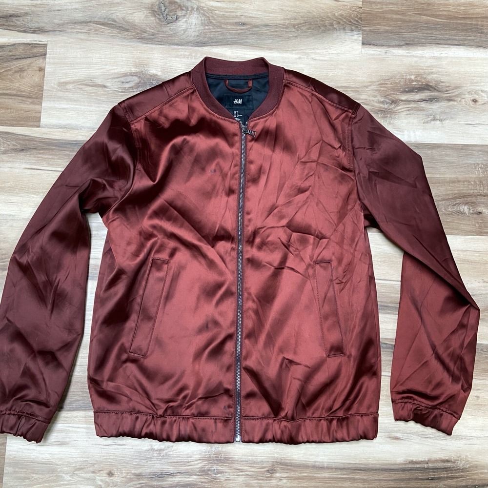 H&M Bomber Jacket Size M Satin Full Zip Streetwear Polyester Burgundy Red